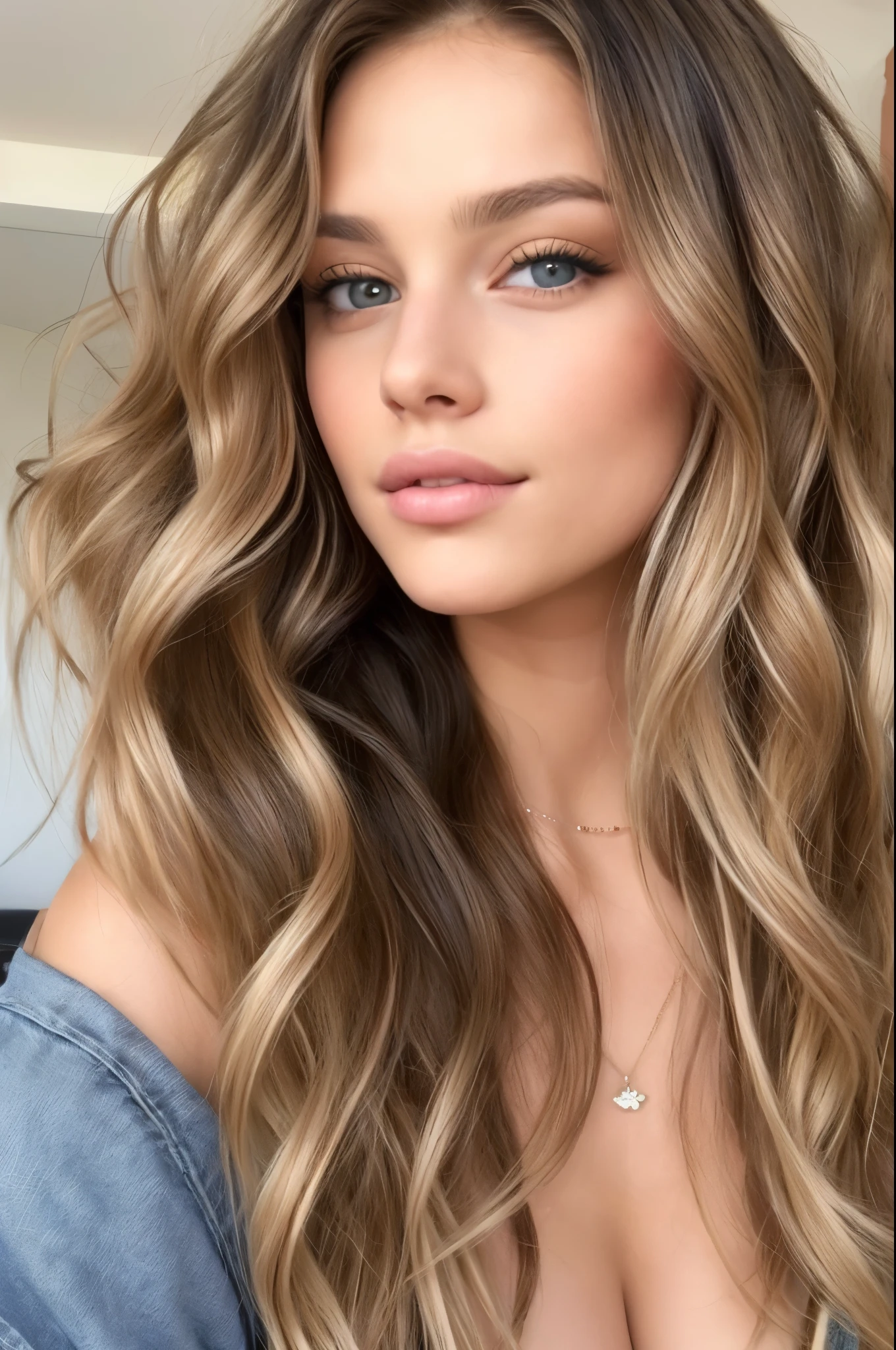 wavy brunette,meches blondes, avec un grain de beauté sur le visage generer cette femme sous plusieurs angles