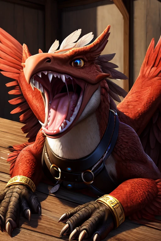 Tiny Dead, feathered wyvern body laying on the table. Wings spread out and Strapped to the table with leather straps. Mouth wide open with no teeth and fangs and tooth. Milk dripping out of mouth splattering onto the table. Milk inside mouth. Close up, Photorealistic. Head tied down to the table. Leather harness on head