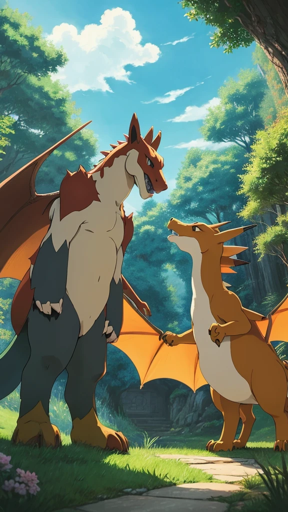 A Studio Ghibli style image featuring Pazu from 'Castle in the Sky,' standing next to Charizard. The scene is drawn with an anime touch, emphasizing detailed and distinctive shading. The background is a vibrant, enchanted forest with lush greenery and a bright blue sky filled with fluffy clouds. The setting is illuminated by a warm, golden light, enhancing the magical and serene atmosphere. Pazu and Charizard appear deeply connected, with Charizard protectively standing behind Pazu. The overall composition captures the essence of a mythical adventure in a tranquil, magical world, characteristic of Studio Ghibli's iconic style. The image has a slightly faded and nostalgic look, reminiscent of classic Ghibli films, with soft and muted colors --s 750 --niji 6