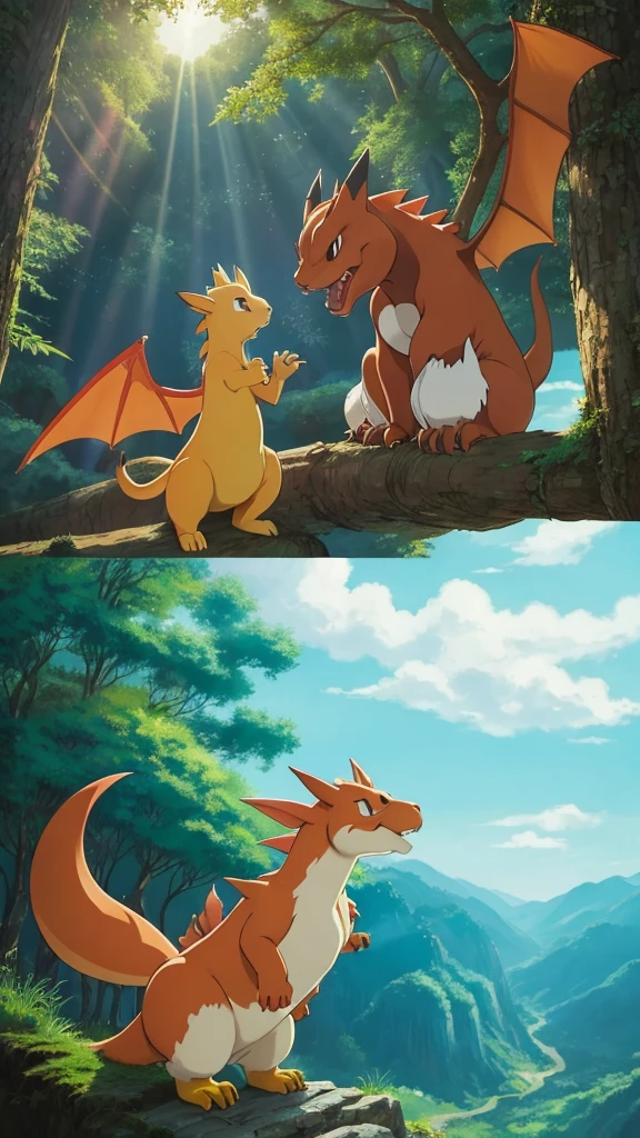 A Studio Ghibli style image featuring Pazu from 'Castle in the Sky,' standing next to Charizard. The scene is drawn with an anime touch, emphasizing detailed and distinctive shading. The background is a vibrant, enchanted forest with lush greenery and a bright blue sky filled with fluffy clouds. The setting is illuminated by a warm, golden light, enhancing the magical and serene atmosphere. Pazu and Charizard appear deeply connected, with Charizard protectively standing behind Pazu. The overall composition captures the essence of a mythical adventure in a tranquil, magical world, characteristic of Studio Ghibli's iconic style. The image has a slightly faded and nostalgic look, reminiscent of classic Ghibli films, with soft and muted colors --s 750 --niji 6
