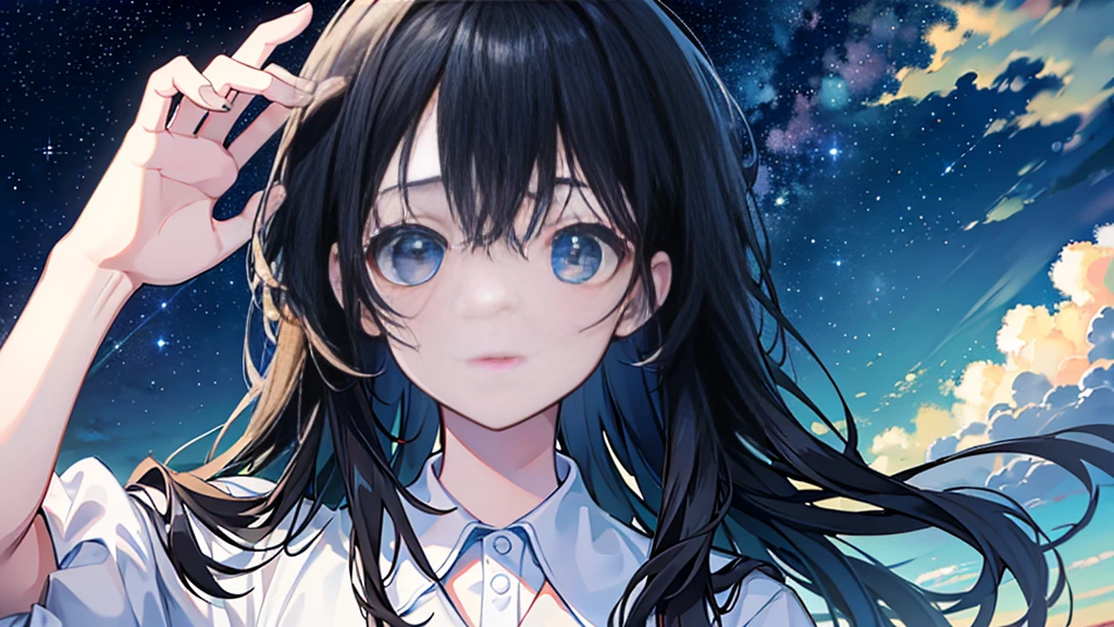 (Highest quality、8k、masterpiece:1.3)、Starry Sky、One Woman、Black Hair、Looking up at the sky