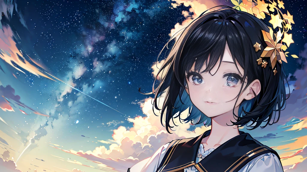 (Highest quality、8k、masterpiece:1.3)、Starry Sky、One Woman、Black Hair、Looking up at the sky