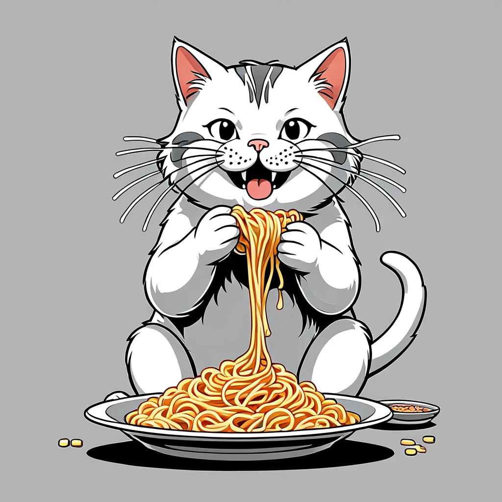 Cat eating instant noodles, comics style illustration, oversimplified, simple background, 2d, monochrome