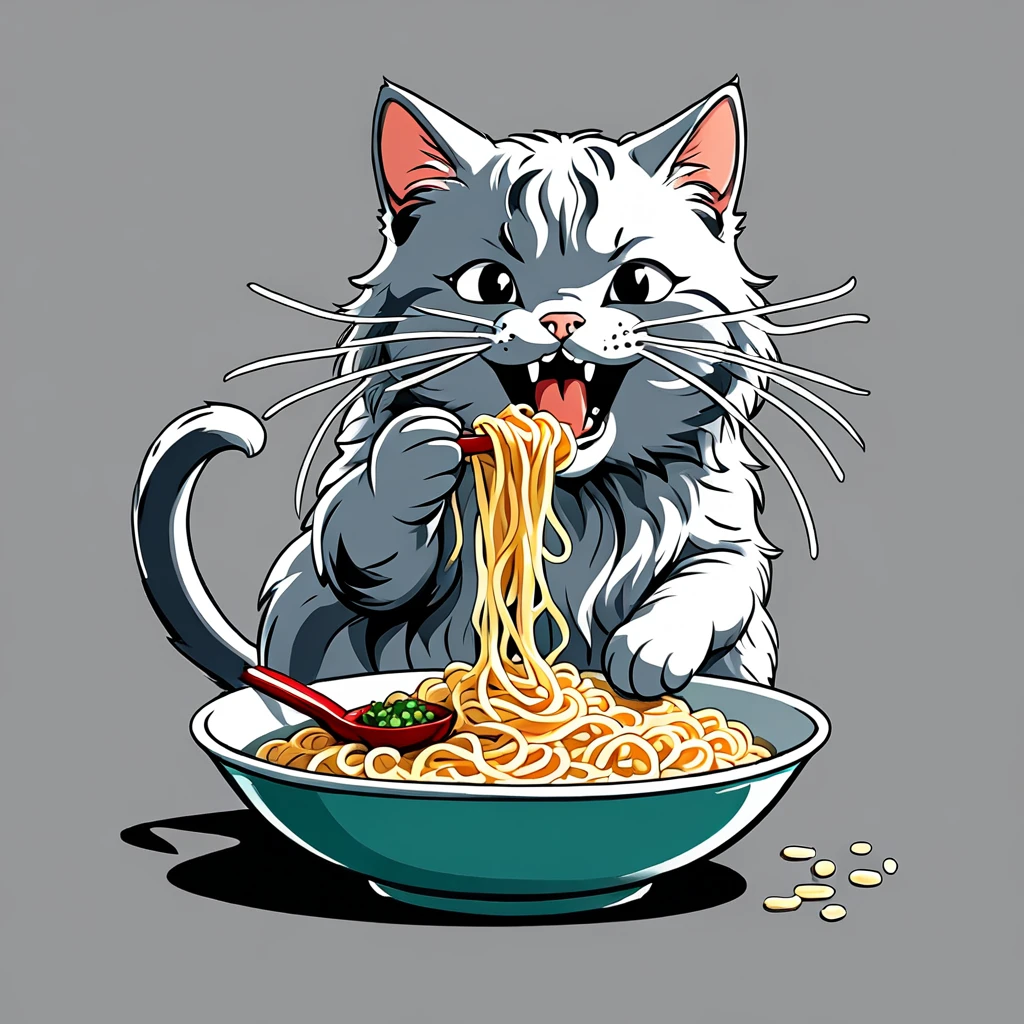 Cat eating instant noodles, comics style illustration, oversimplified, simple background, 2d, monochrome