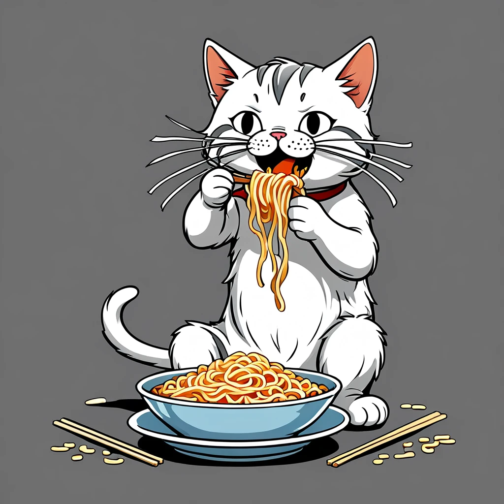 Cat eating instant noodles, comics style illustration, oversimplified, simple background, 2d, monochrome
