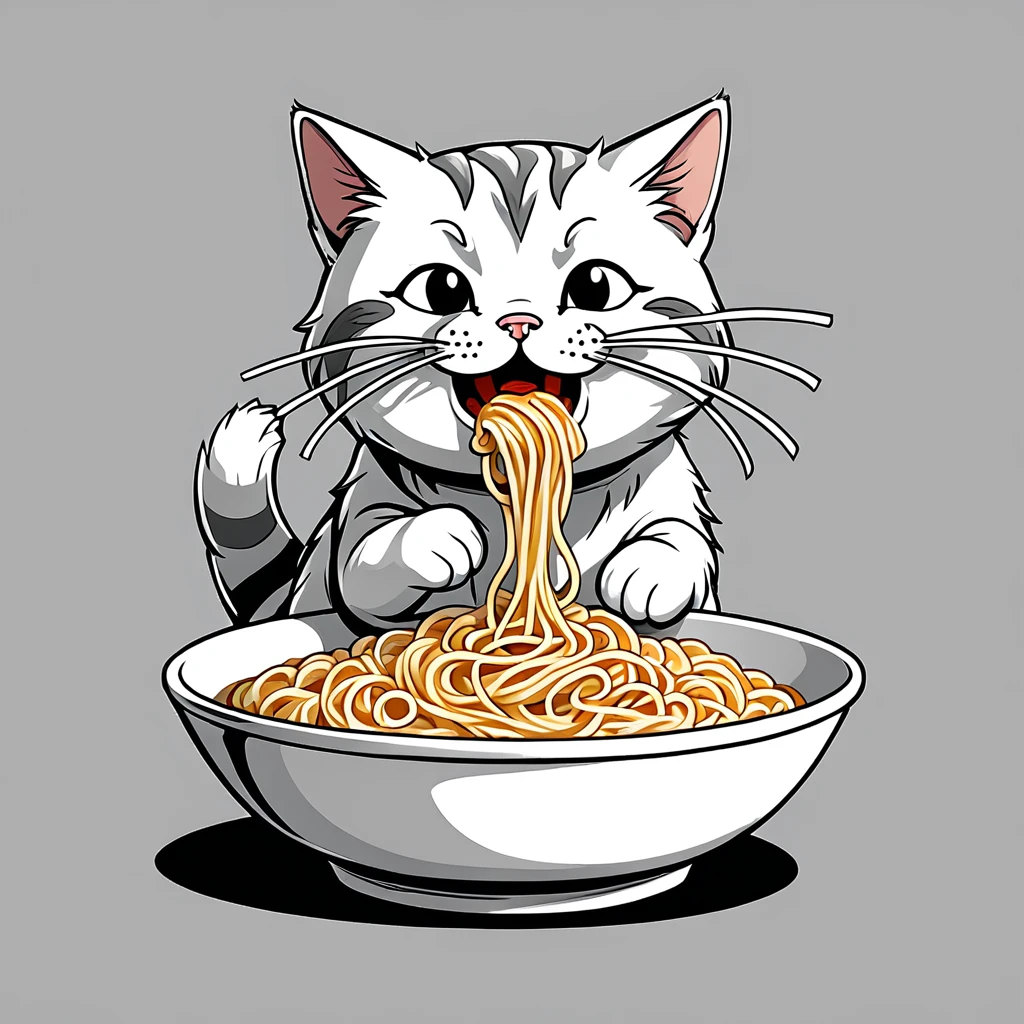 Cat eating instant noodles, comics style illustration, oversimplified, simple background, 2d, monochrome