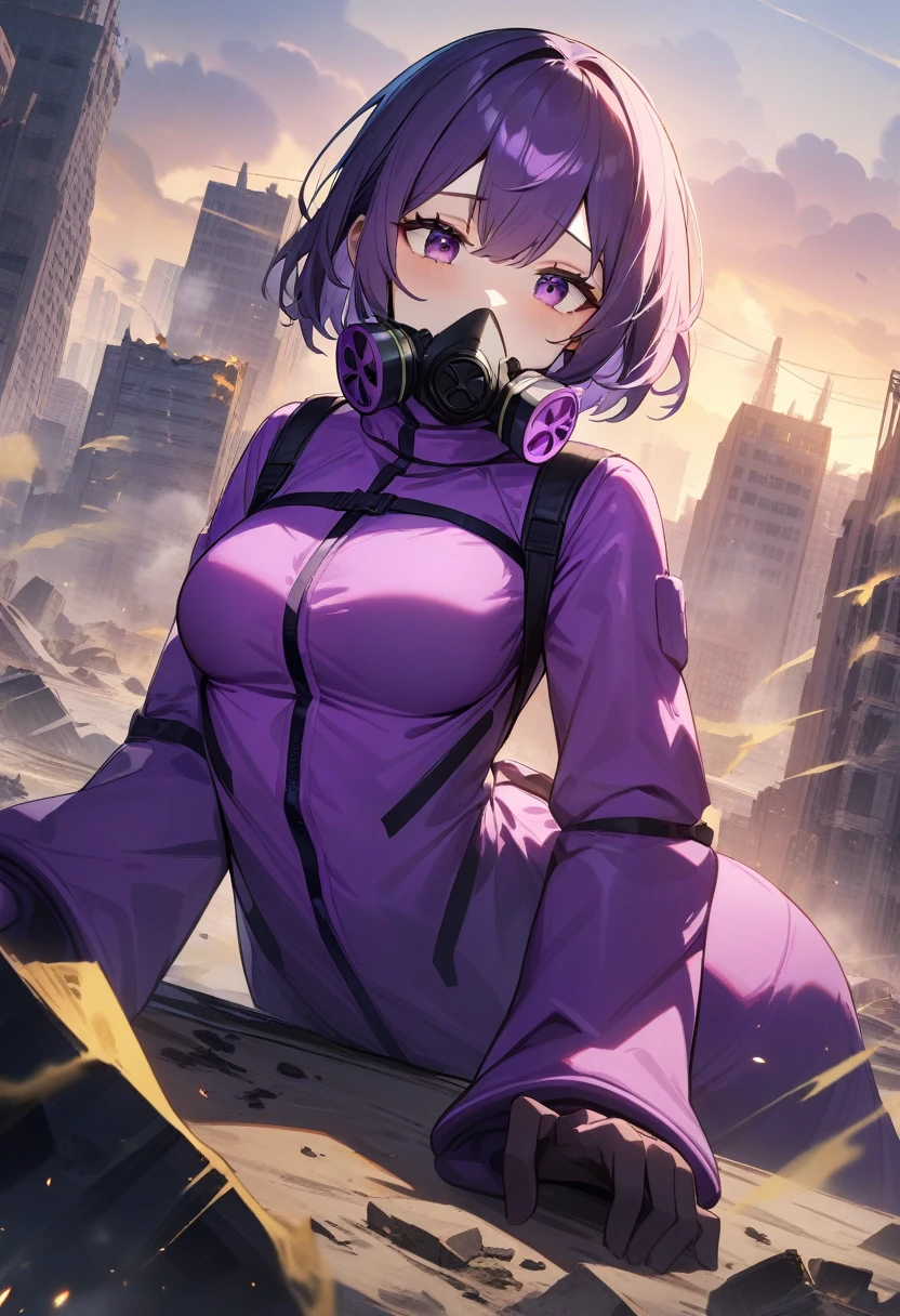 Purple-haired girl wearing a straitjacket that restricts her arms and she is trapped in it and this outfit has belts that restrain her