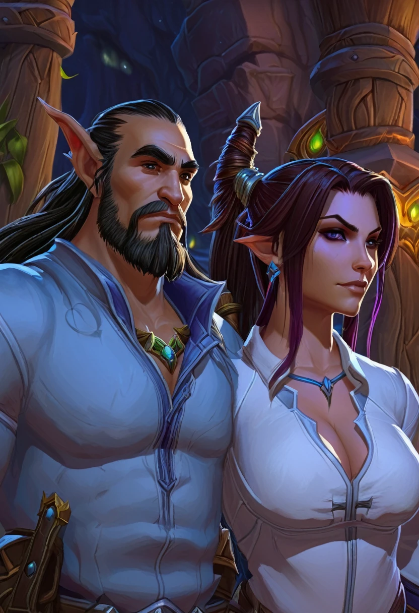 il y a deux personnes debout l’une à côté de l’autre dans une pièce, Plan moyen de deux personnages, de World of Warcraft, capture d&#39;écran de World of Warcraft, World of Warcraft style, Intimidating glare, kings argue in the background, dans World of Warcraft, couples portrait, Munster in the background, Style artistique de World of Warcraft