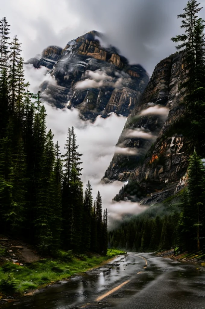 conifer forest misty cloudscapes road mountain cliffs autumn