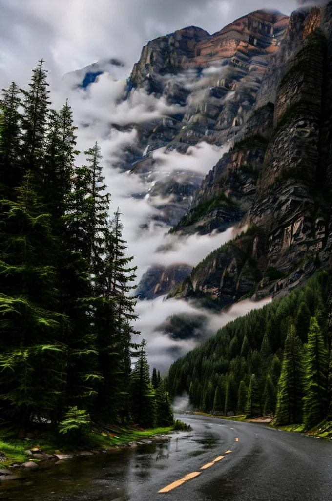 conifer forest misty cloudscapes road mountain cliffs autumn