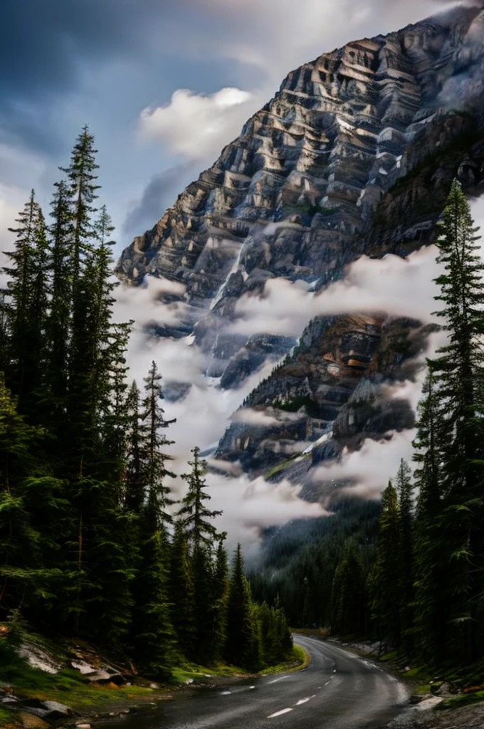 conifer forest misty cloudscapes road mountain cliffs autumn