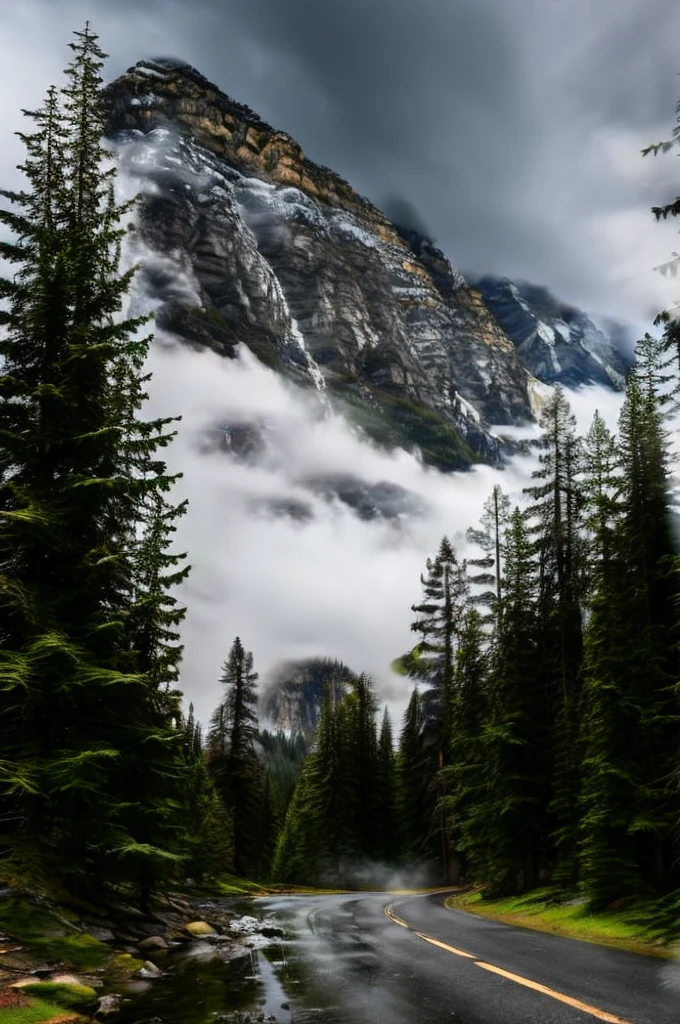 conifer forest misty cloudscapes road mountain cliffs autumn