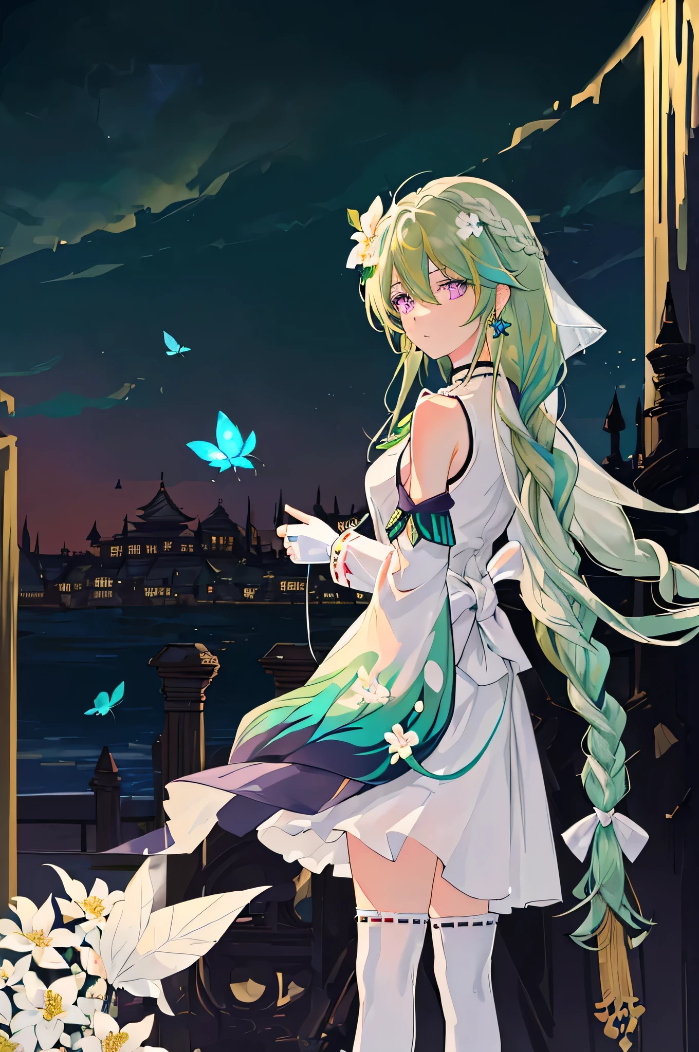 (Masterpiece, Best Quality: 1.4), white Background, Long Hair, Jewelry, Earrings, Necklace, Bride, ((green Hair)), Halo, (Overlook), Dynamic Angle, Ultra Detailed, Illustration, Close Up, Direct Look, 1girl, (Fantasy: 1.4), (Purple Eyes: 1.233), Her Eyes Shine Like Dreamy Stars, (Glow Eyes: 1.233), (Beautiful and Delicate Eyes: 1.1), (green Hair: 1.4), (Messy Hair, Very Long Hair, French braids, hair between the eyes, side hair), (+(white hair flower: 1.14)), (chiffon dress, uniform white flower pattern)/= (military uniform: 1.24), (fingerless gloves), choker, (miko thighhighs), high heeled boots, (expressionless, shut up), (standing), (white flowers, blooming),(Ruins),(Night:1.2),dreamy,Soul,(fluorescent),(Flying Translucent Blue Butterfly:1.15),[Delicate Fingers and Hands:0.55]::0.85], (Finger Detail), (Yubao:0.5),((town background)),((full body)),((turquoise hair)),green hair,((green hair)),night,near the river,Walking in the distance,