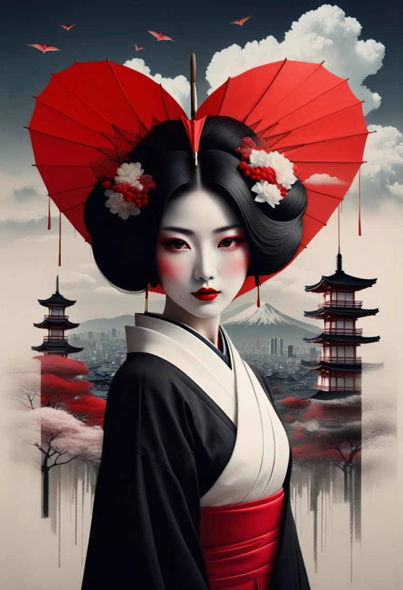 **Horizontal triptych Fusion Collage, multiple Exposure (Japanese Skyline, Heart, Love, Umbrella, Beauty), maximalist Environment, surreal Geisha Illusion portrait, minimalist and ethereal, Red black white, boundaries dissolve the face of a woman in quiet contemplation, the delicate features disappear at the edges, dadaism woven through the simplistic forms abstract dreamscapes that echo surrealism woven through bizarre neoclassical simplicity