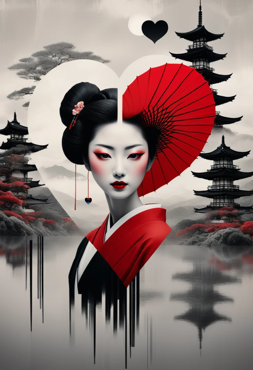 **Horizontal triptych Fusion Collage, multiple Exposure (Japanese Skyline, Heart, Love, Umbrella, Beauty), maximalist Environment, surreal Geisha Illusion portrait, minimalist and ethereal, Red black white, boundaries dissolve the face of a woman in quiet contemplation, the delicate features disappear at the edges, dadaism woven through the simplistic forms abstract dreamscapes that echo surrealism woven through bizarre neoclassical simplicity