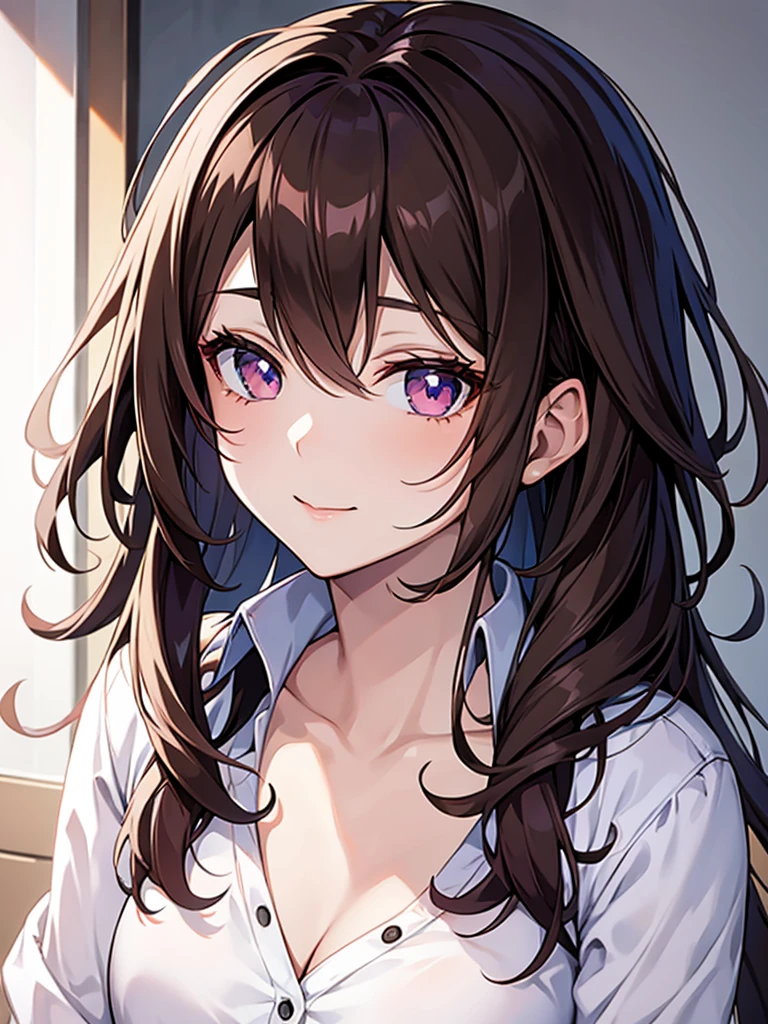 a pretty anime girl with brown hair, in a white shirt,
