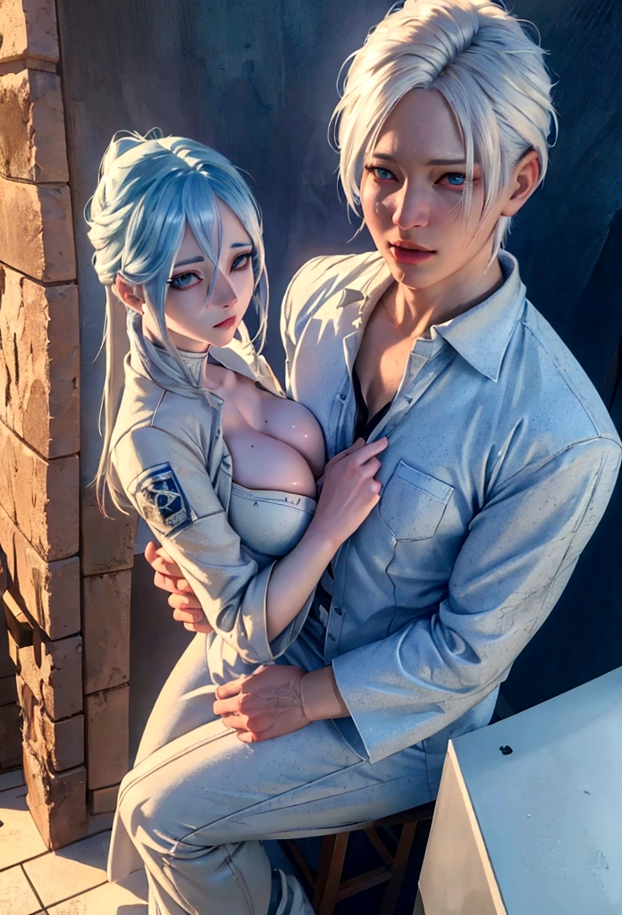 a beautiful anime girl, white hair with blue tips, blue and white outfit, attack on titan style, hentai, (best quality,4k,8k,highres,masterpiece:1.2),ultra-detailed,(realistic,photorealistic,photo-realistic:1.37),highly detailed face, extremely detailed eyes and face, long eyelashes, beautiful detailed lips, intricate details, detailed skin texture, dynamic pose, dramatic lighting, cinematic composition, vibrant colors, muted color palette, atmospheric, fantasy, digital painting, concept art