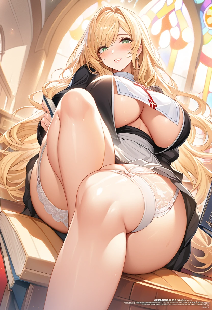masterpiece, Highest quality, Official Art, Highly detailed CG Unity 8k wallpaper, Detailed Background, (Handcrafted by Guido Daniele), (Finger details), Mature Girl 1, (Curvy), (Nuns), (Bible in hand, A book with a cross on the cover:1.12), (standing in church), (Nuns gown:1.12), (Chest Curtain:1.12), (Nuns skirt:1.11), (White Garter Straps Garter Belt:1.12), (Blonde long hair:1.12), (Hair Intake:1.12), (Green Eyes:1.2), blush, (Loving smile, holy smile), (Huge breasts:1.5), (Long chest, Saggy breasts:1.3), (Let go of my chest), Tight waist, Shiny skin, (Cross Necklace), indoor, (Sacred Scene), (church:1.11), (Sunlight streaming through stained glass),sagging breasts,milf,nun,sideboob,underboob,breast focus、((Sit back、Sit with your legs apart))、Bow-legged、(thigh focus:1.3)、
