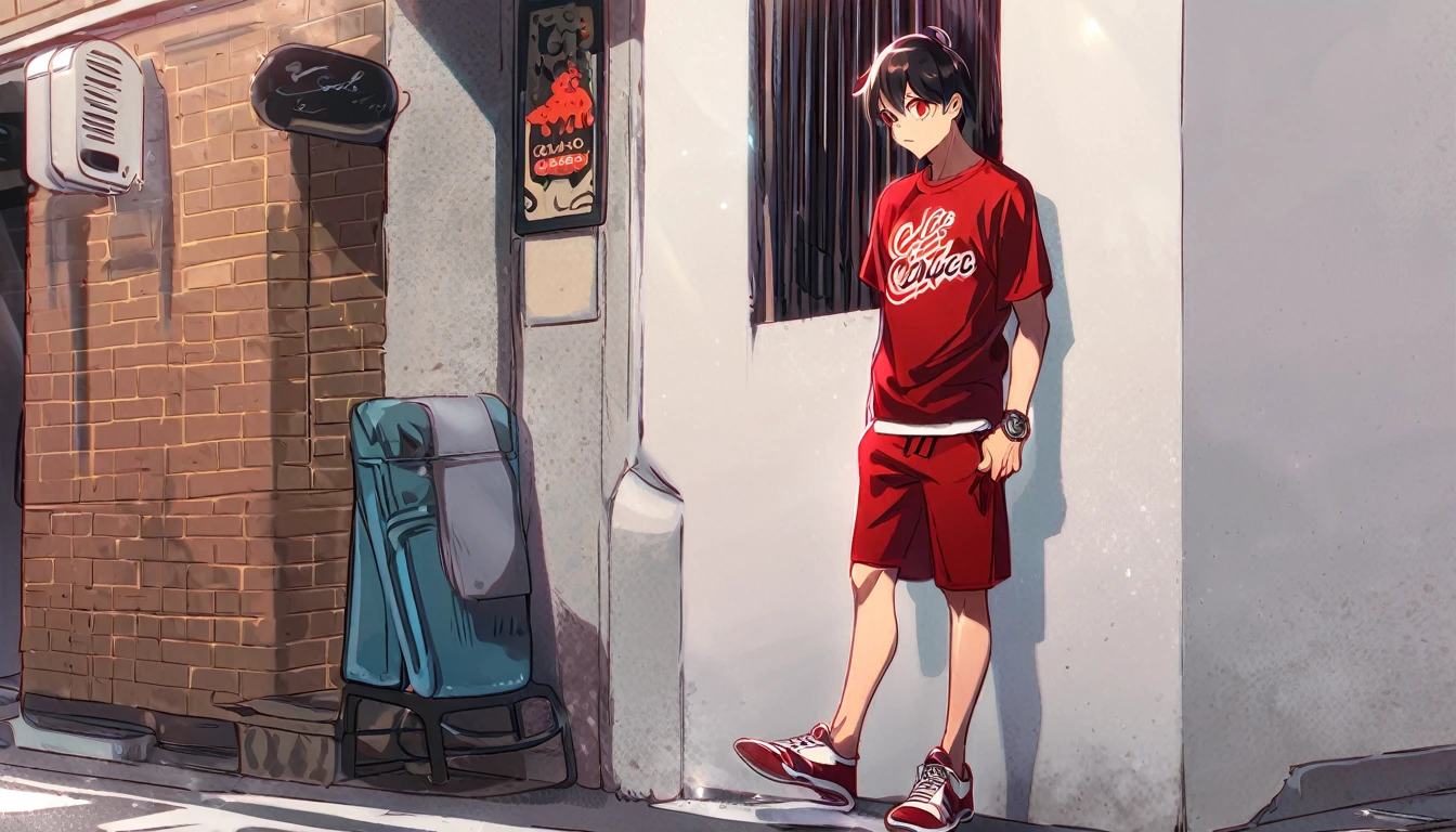 Un chico de ojos cafes playera roja, zapatos rojos sin pantalon en ropa interior en una calle algo iluminada, con puestos cercas