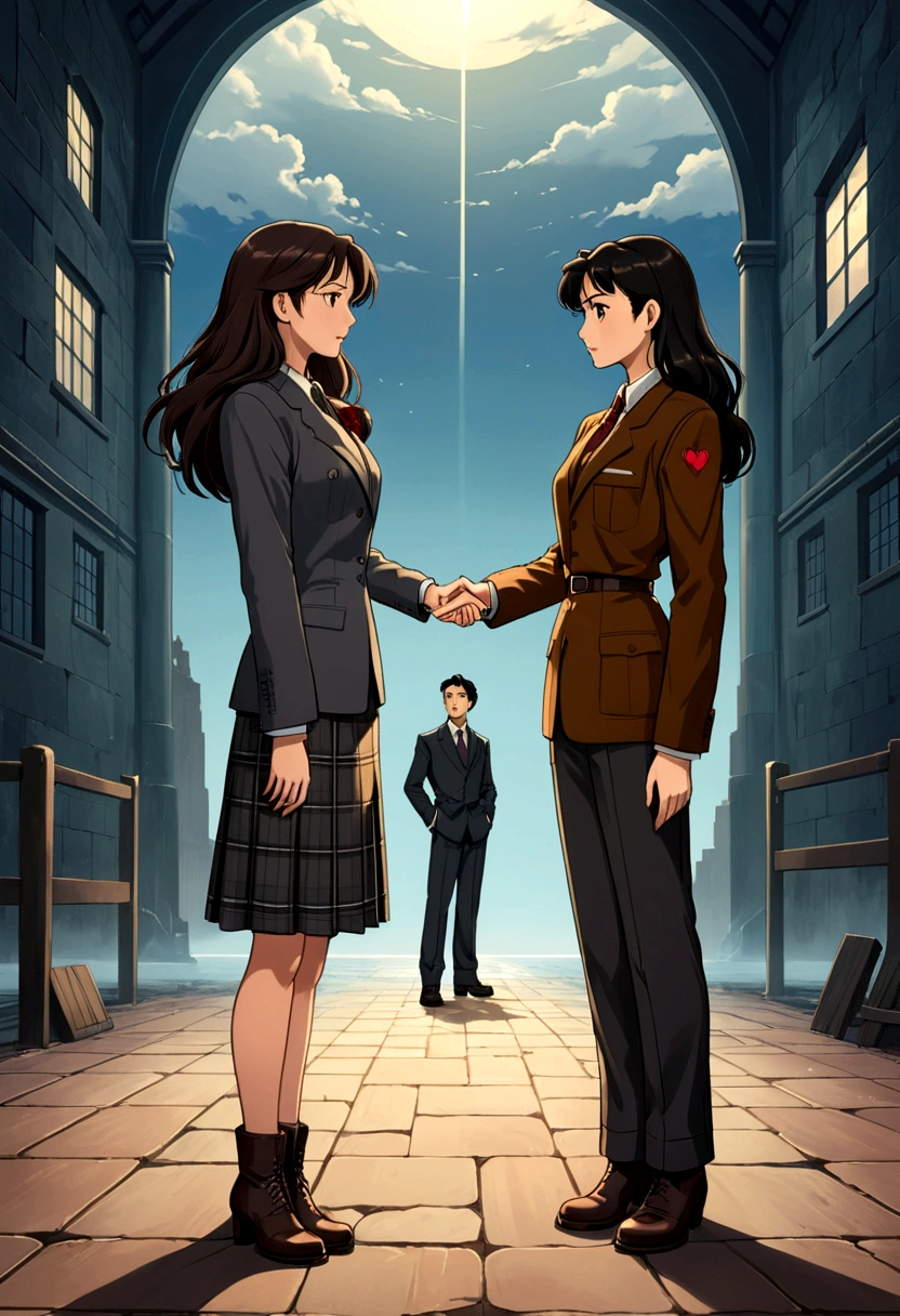 an anime illustration-style image in which two women in love are seen, sadly holding hands; One is a beautiful Asian woman with long, dark hair, who is dressed in a gray shirt and dark 40s style pants and dark boots, who is facing another beautiful woman with British features and brown hair who is wearing a suit. Dark plaid skirt and jacket from the 40s. In the image you feel the sadness and uncertainty about the future of their love. At the bottom of the image the following phrase reads "I came to this world...because I don't want to lose you anymore" in a 40s style font