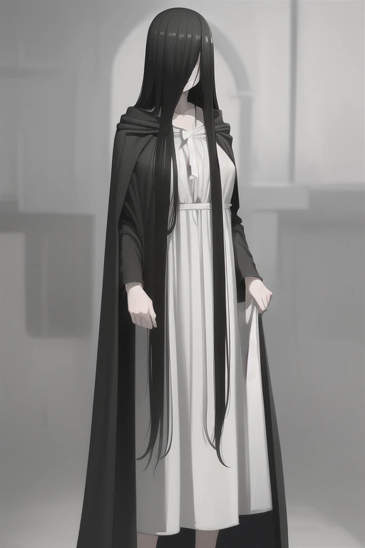 ((masterpiece)), (best quality), (absurdres), black hair, yamamura_sadako, (black obi), (grey skin), hair over eyes, eyes covered, looking at viewer, cape dress, cape, long cape,