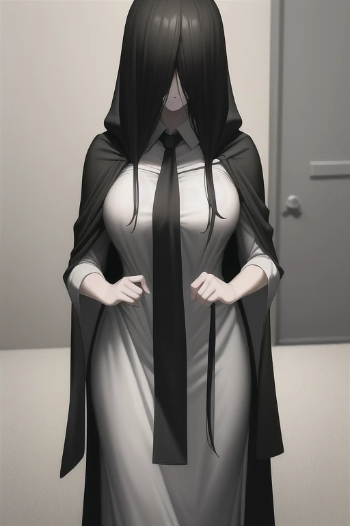 ((masterpiece)), (best quality), (absurdres), black hair, yamamura_sadako, (black obi), (grey skin), hair over eyes, eyes covered, looking at viewer, cape dress, cape, long cape,