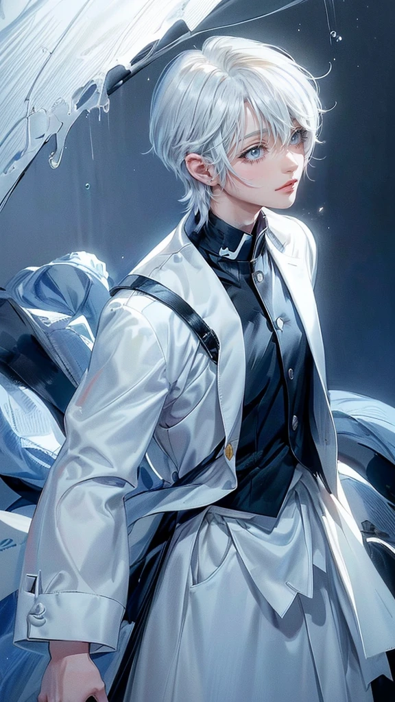 Tears dripping on the cheeks ((4K works))、​masterpiece、(top-quality)、One beautiful boy、Slim body、tall、((Black Y-shirt and white pants、Charming British knight style))、Please wear one jacket、(Detailed beautiful eyes)、((Face similar to Carly Rae Jepsen))、((Middle-haired white hair))、((Smaller face))、((Neutral face))、((Bright blue eyes))、((American adult male))、((Adult male 26 years old))、((Cool Men))、((Like a celebrity))、((Crying expression))、((sad look))、((Korean Makeup))、((elongated and sharp eyes))、((Happy dating))、((boyish))、((Upper body photography))、Professional Photo、((Shot alone))、((She is looking up at the sky under the roof))、((Shot from the side))、((Crying profile))、((Face crying in pain))、((He is looking downwards))、eye pad,((His eyes are looking down))、((He stands next to the viewer))、((He who cries))、I'm crying on a stick.、Man crying while standing、Solitude、saddened、desolate、suffocating、heartbreaking、auw、