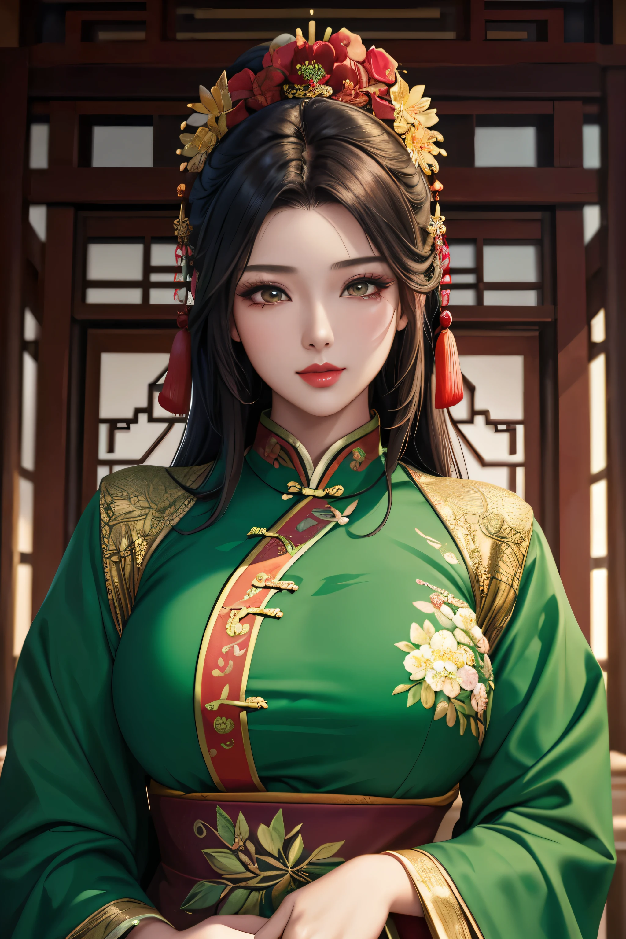 1 beautiful young asian woman,lush green garden backdrop,fashionable chinese dress,chinese flower hair ornament,chinese clothing,flawless skin,red lips,looking directly at viewer,large bust,cleft chin,(masterpiece:1.4),(best quality:1.4),highly detailed,photorealistic,cinematic lighting,vibrant colors,intricate details