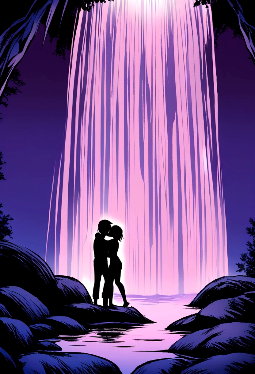 Naruto style illustration, Sakura Haruno and Sasuke Uchiha naked kissing under a waterfall