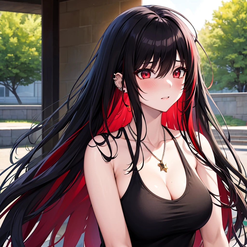 anime panel, upper body , 1girl,woman, Korean, long black curly hair with red highlights, red, slanted eyes, casual clothes, black tank top, ear piercing, necklace, hair illuminated by sunlight, park background, perverted expression, blushing,