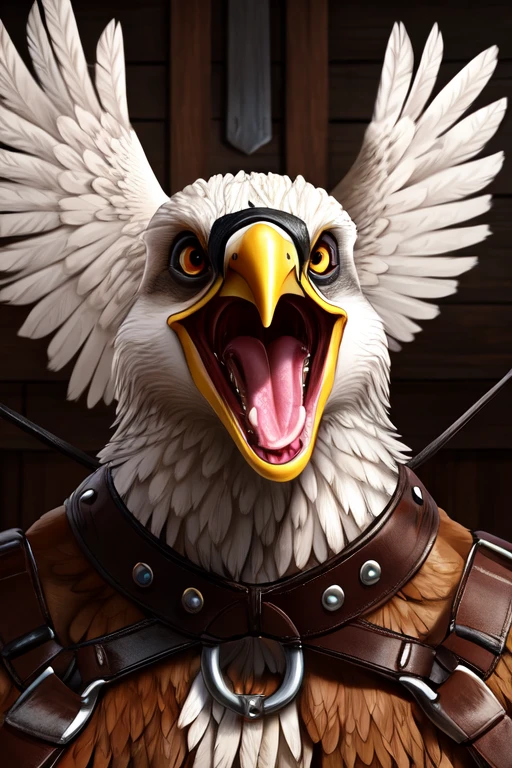 Tiny Dead, feathered eagle body laying on the table. Wings spread out and Strapped to the table with leather straps. Mouth wide open with no teeth and fangs and tooth. Milk dripping out of mouth splattering onto the table. Milk inside mouth. Close up, Photorealistic. Head tied down to the table. Leather harness on head
