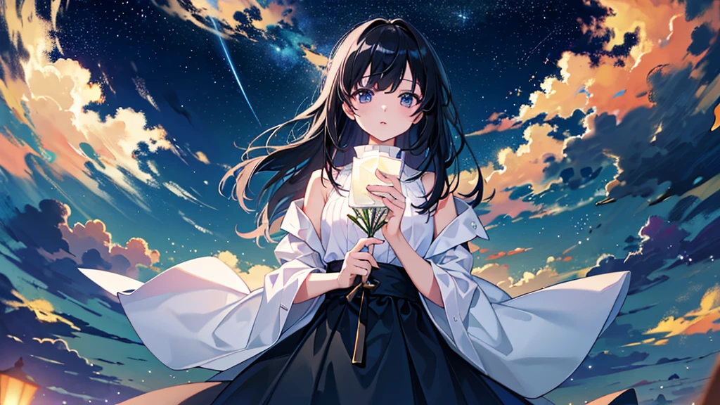 (Highest quality、8k、masterpiece:1.3)、night、Starry Sky、One Woman、Black Hair、Looking up at the sky