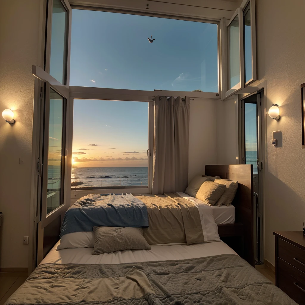 Habitacion, una cama al lado de la ventana, en un atardecer con vista al mar