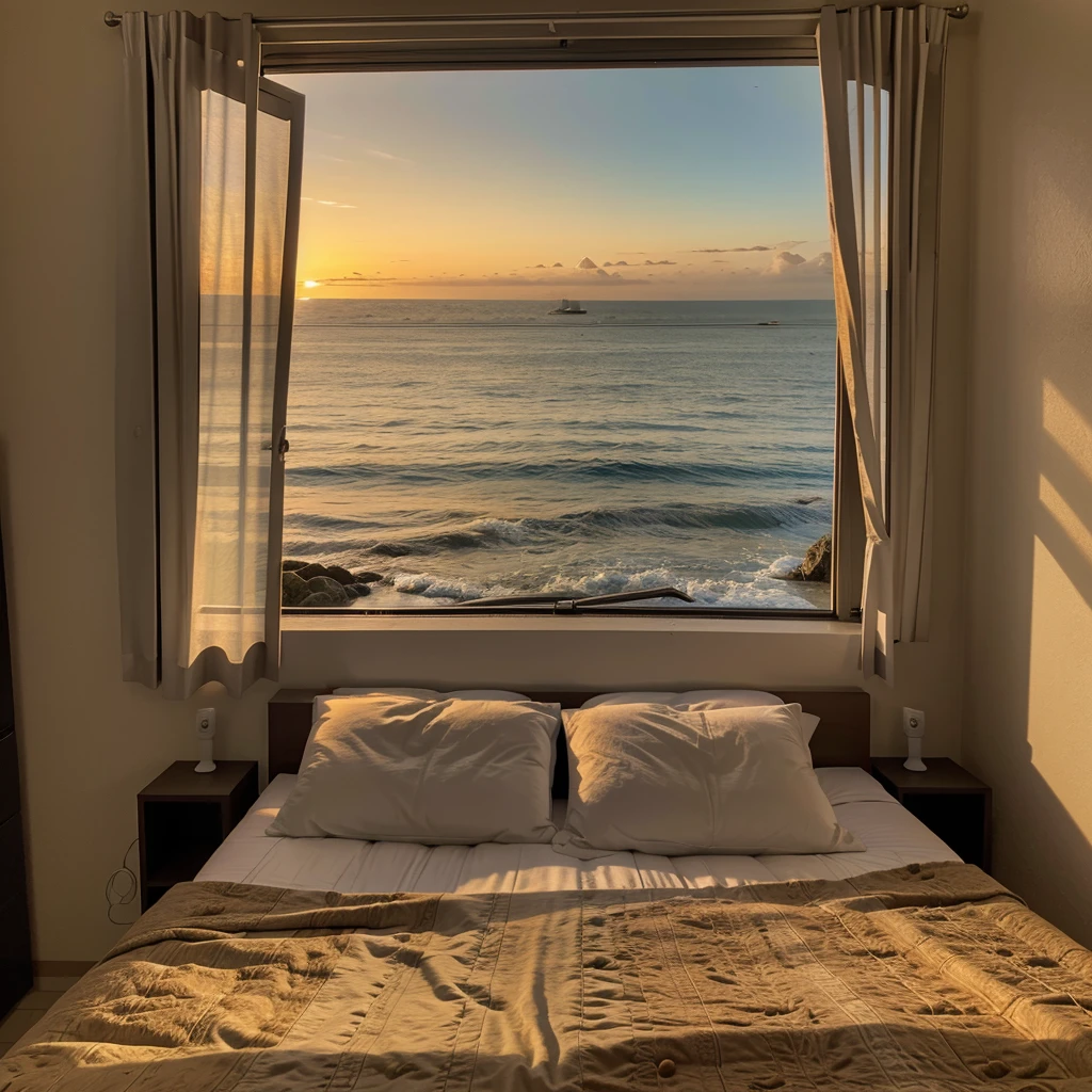 Habitacion, una cama al lado de la ventana, en un atardecer con vista al mar