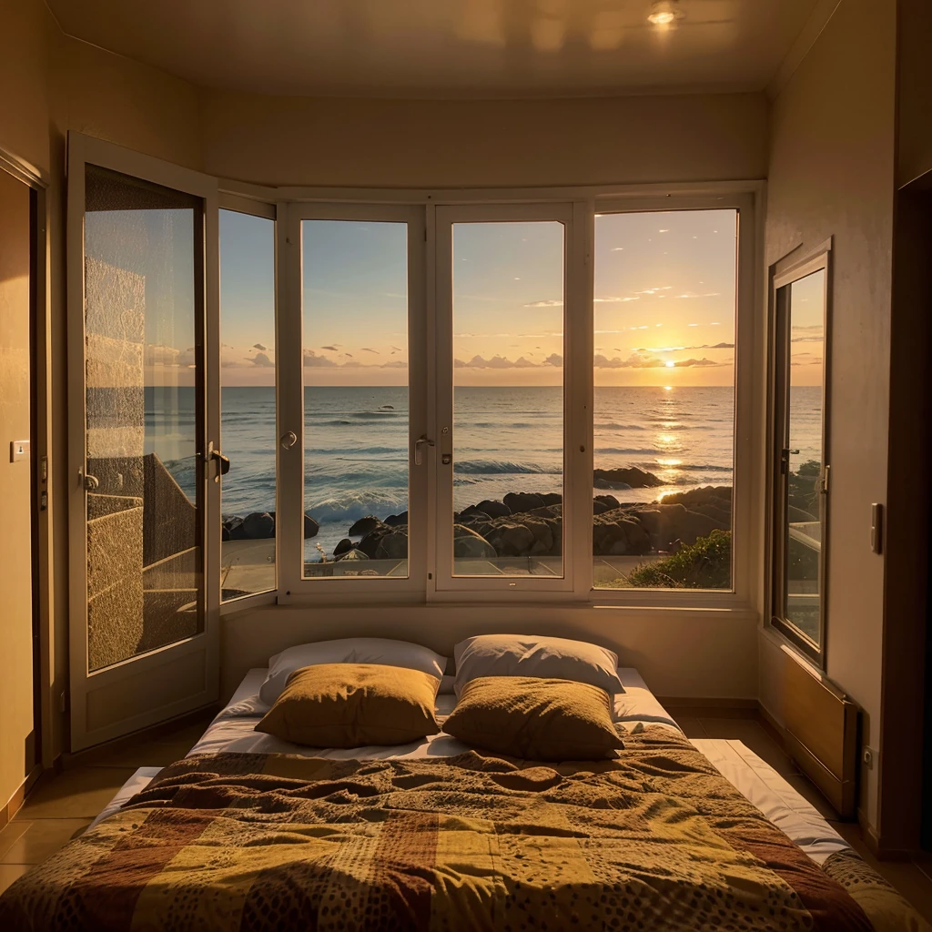 Habitacion, una cama al lado de la ventana, en un atardecer con vista al mar