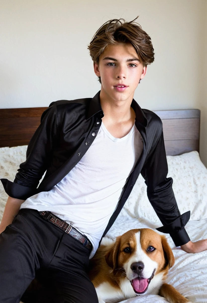 Prompt: 18 year old Caucasian boy with brown eyes, brown medium. wearing a black and white buttoned up shirt, black slack pants. he is in his bedroom laying in a bed with his legs spread wide open , gets licked by a dog