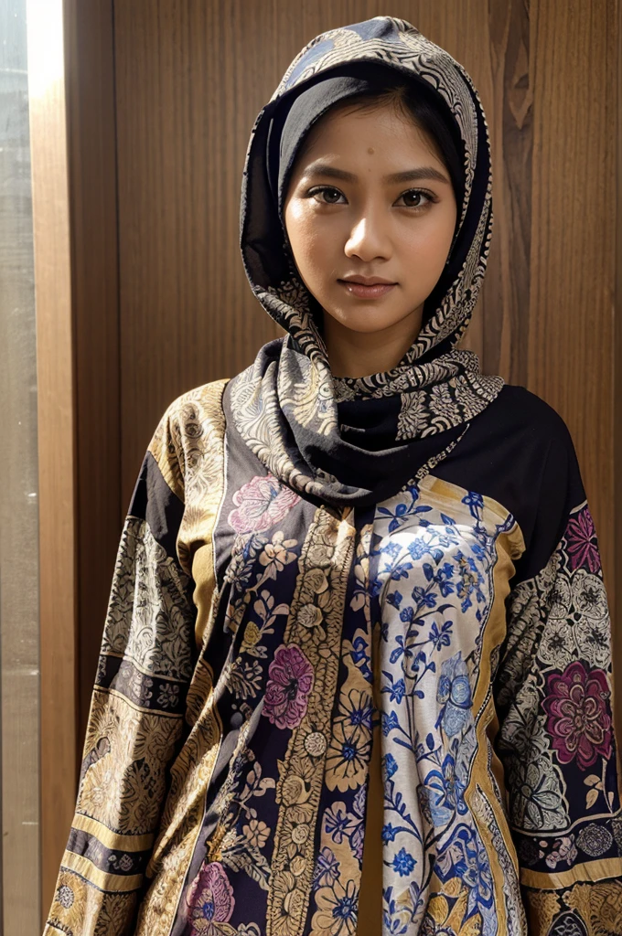 black rectangular hijab wearing a batik shirt with a blue background