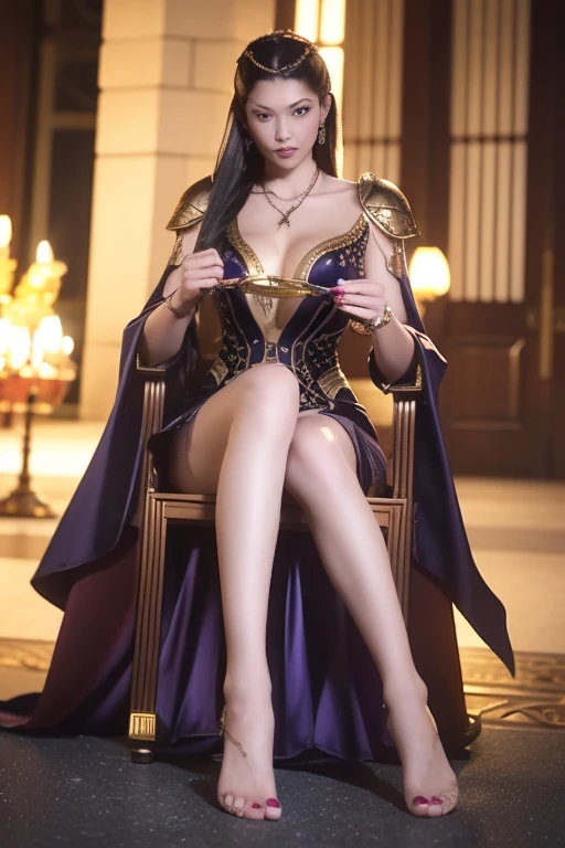 A beautiful and sexy Asian female Saint。Wearing sexy tattered armor。Nails pierced his hands and feet and tied them to a golden cross,Hands locked with golden rings。Showing off her long legs and bare feet。Painful expression。There should be shiny things on the ground.。Magic Array。