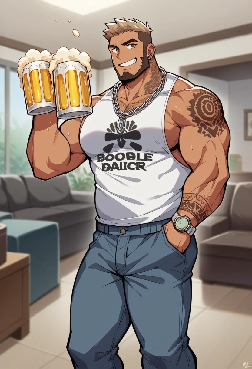 8k hyper full point body zoomed out Aerial view A tan white Puerto Rican buff male with 360 waves taper fade, beautiful light brown eyes, lined-up beard, smiling diamond grillz, diamond chain Rolex watch, neck tattoos "lynn" tattoos wearing no shirt  gray sweat pants with dick print showing standing in living room drinking a beer 