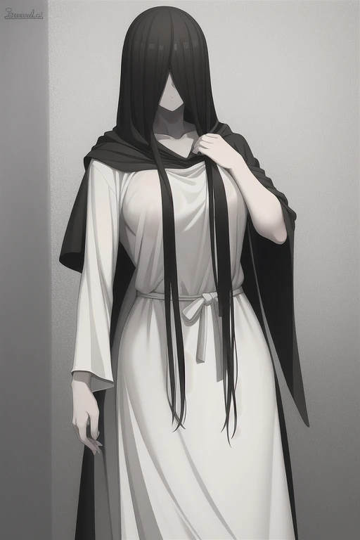 ((masterpiece)), (best quality), (absurdres), black hair, yamamura_sadako, (black obi), (grey skin), hair over eyes, eyes covered, looking at viewer, cape, long cape, body cape, front cape