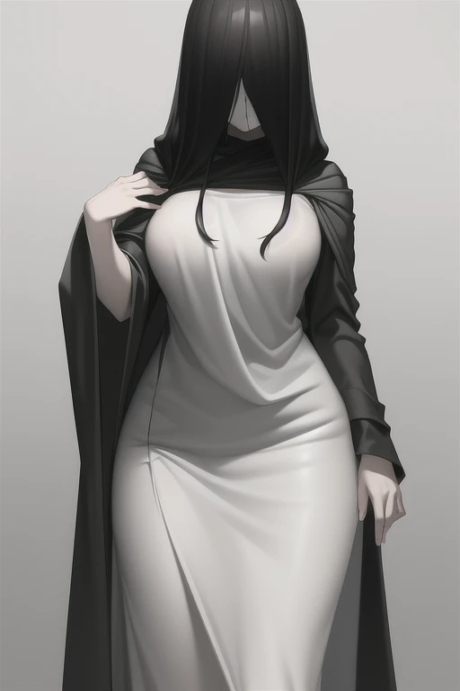 ((masterpiece)), (best quality), (absurdres), black hair, yamamura_sadako, (black obi), (grey skin), hair over eyes, eyes covered, looking at viewer, cape, long cape, body cape, front cape