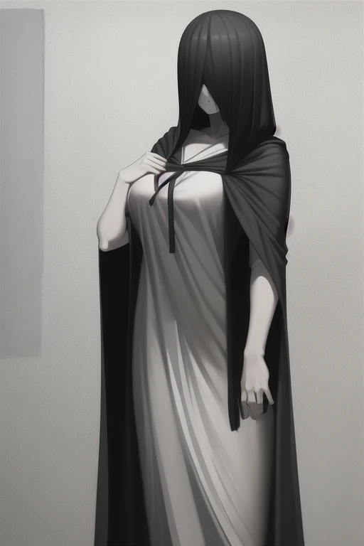 ((masterpiece)), (best quality), (absurdres), black hair, yamamura_sadako, (black obi), (grey skin), hair over eyes, eyes covered, looking at viewer, cape, long cape, body cape, front cape