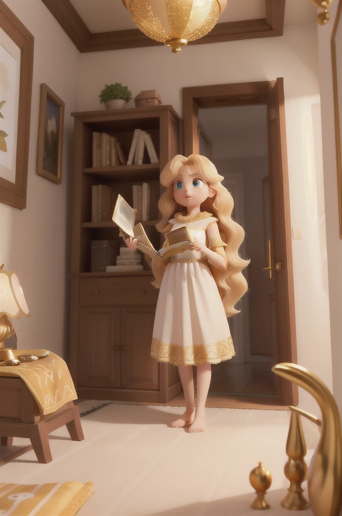 there is a golden-haired woman with beautiful big brown eyes with white sparkles, she is in her room, holding a book with a golden cover, she is standing in the fantasy world and in front of her is a fairy who talk to her, long hair blonde