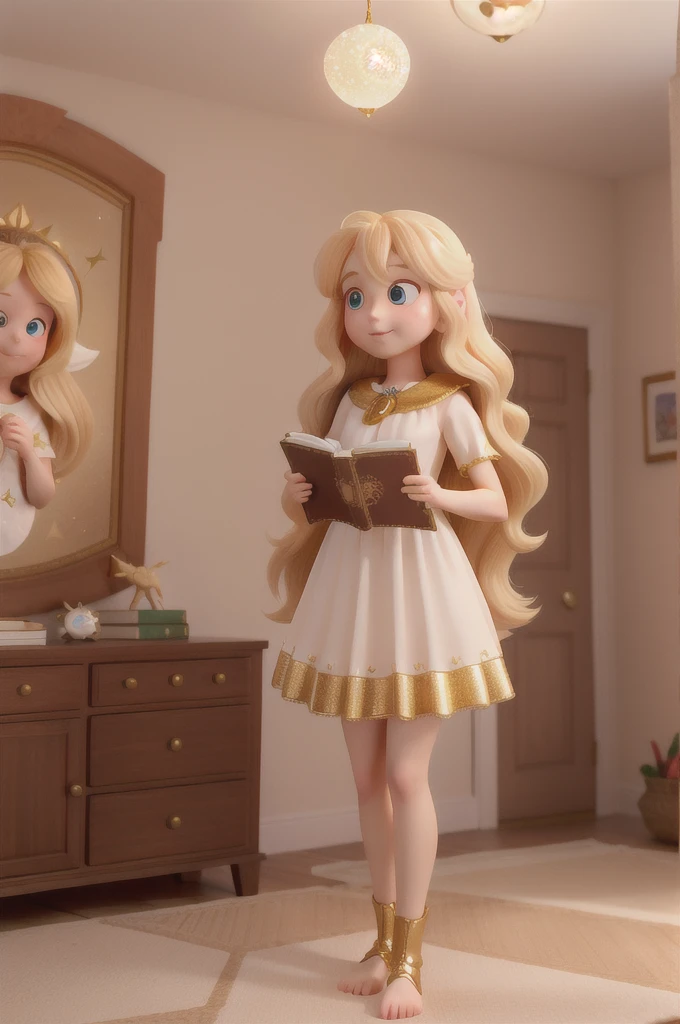 there is a golden-haired woman with beautiful big brown eyes with white sparkles, she is in her room, holding a book with a golden cover, she is standing in the fantasy world and in front of her is a fairy who talk to her, long hair blonde