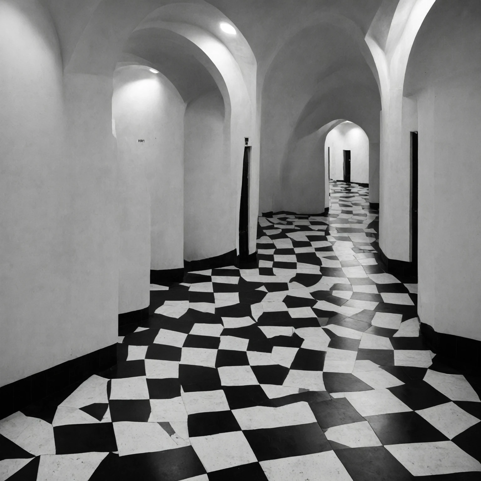 a place with the sky completely black and the ground with black and white checkered floors and some holes in those floors, an infinite place,liminalspaces,photorealistic