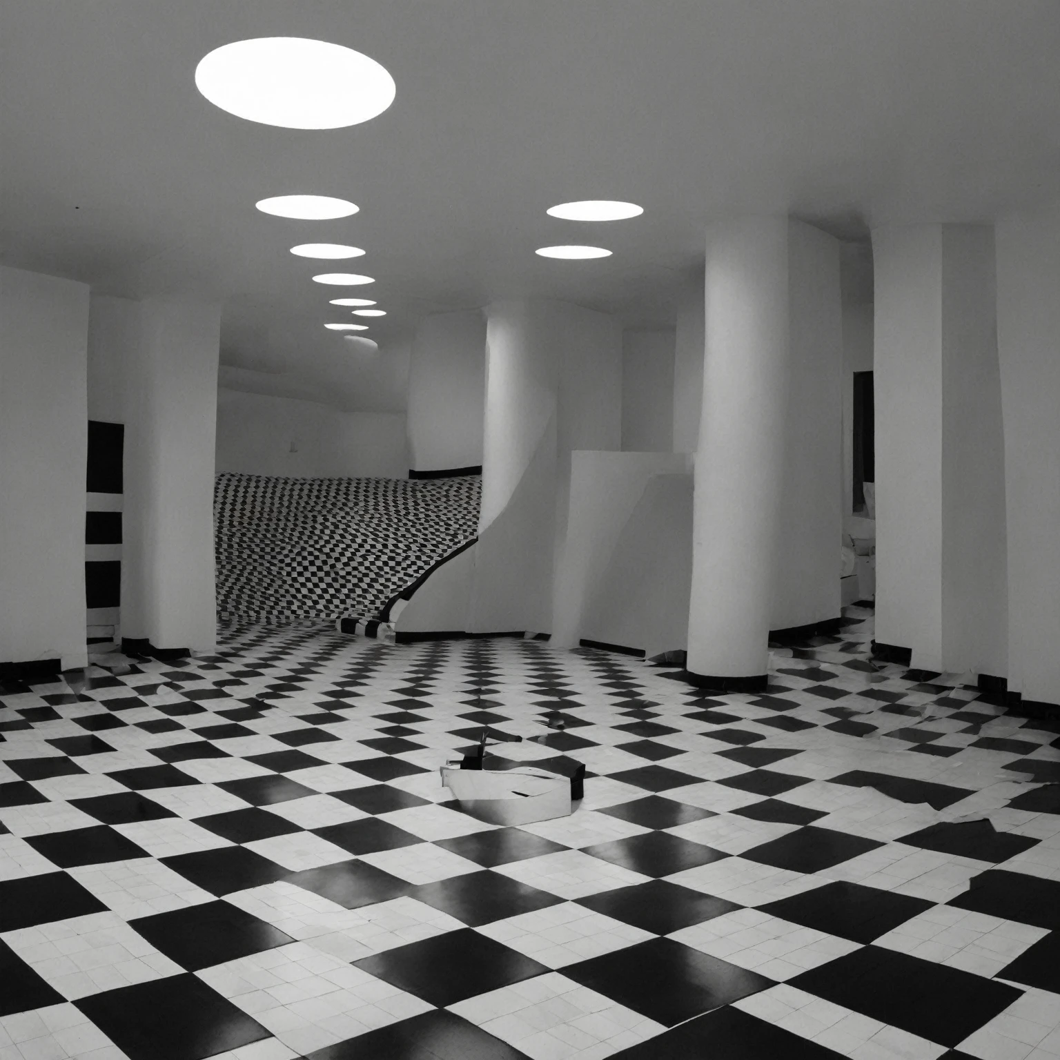 a place with the sky completely black and the ground with black and white checkered floors and some holes in those floors, an infinite place,liminalspaces,photorealistic