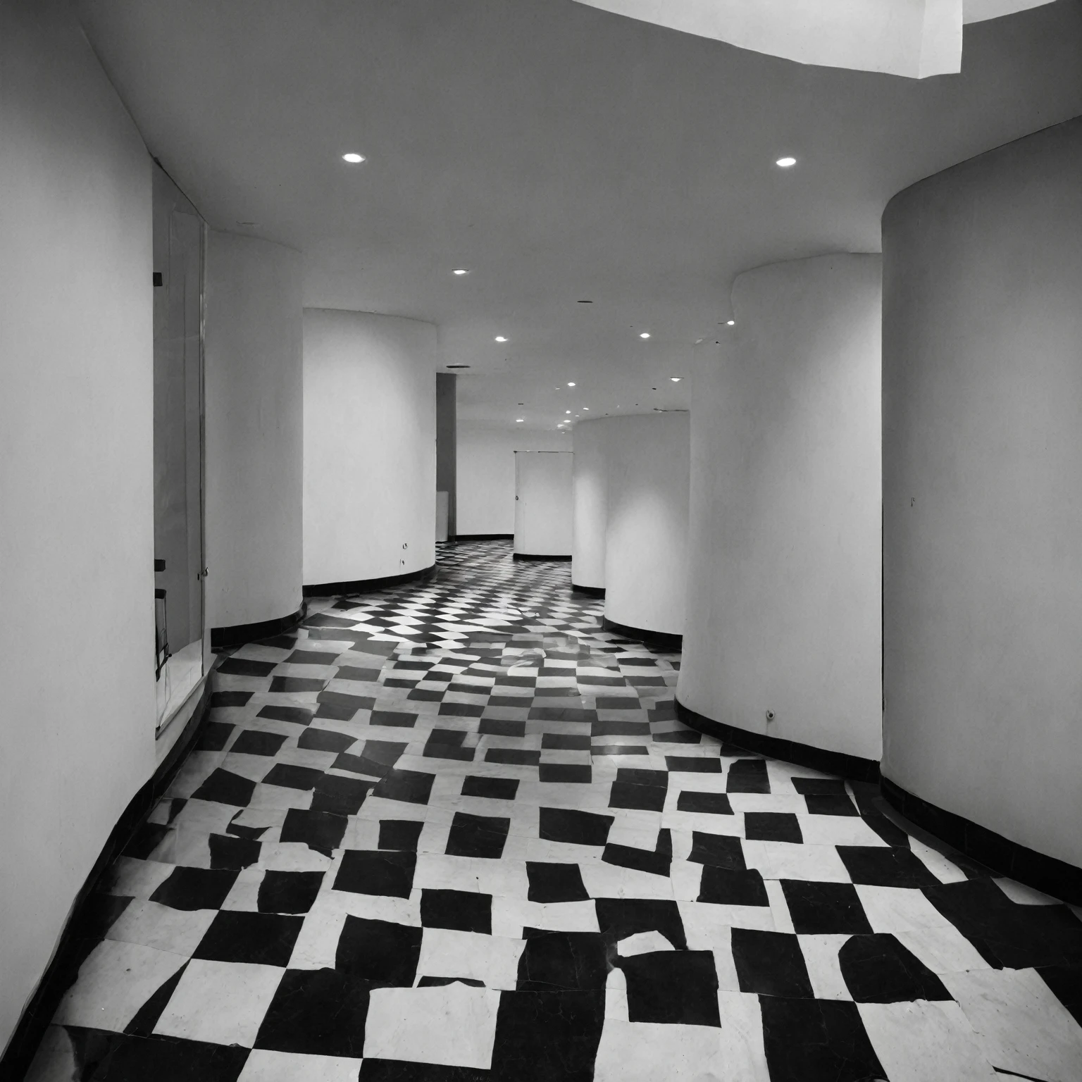 a place with the sky completely black and the ground with black and white checkered floors and some holes in those floors, an infinite place,liminalspaces,photorealistic