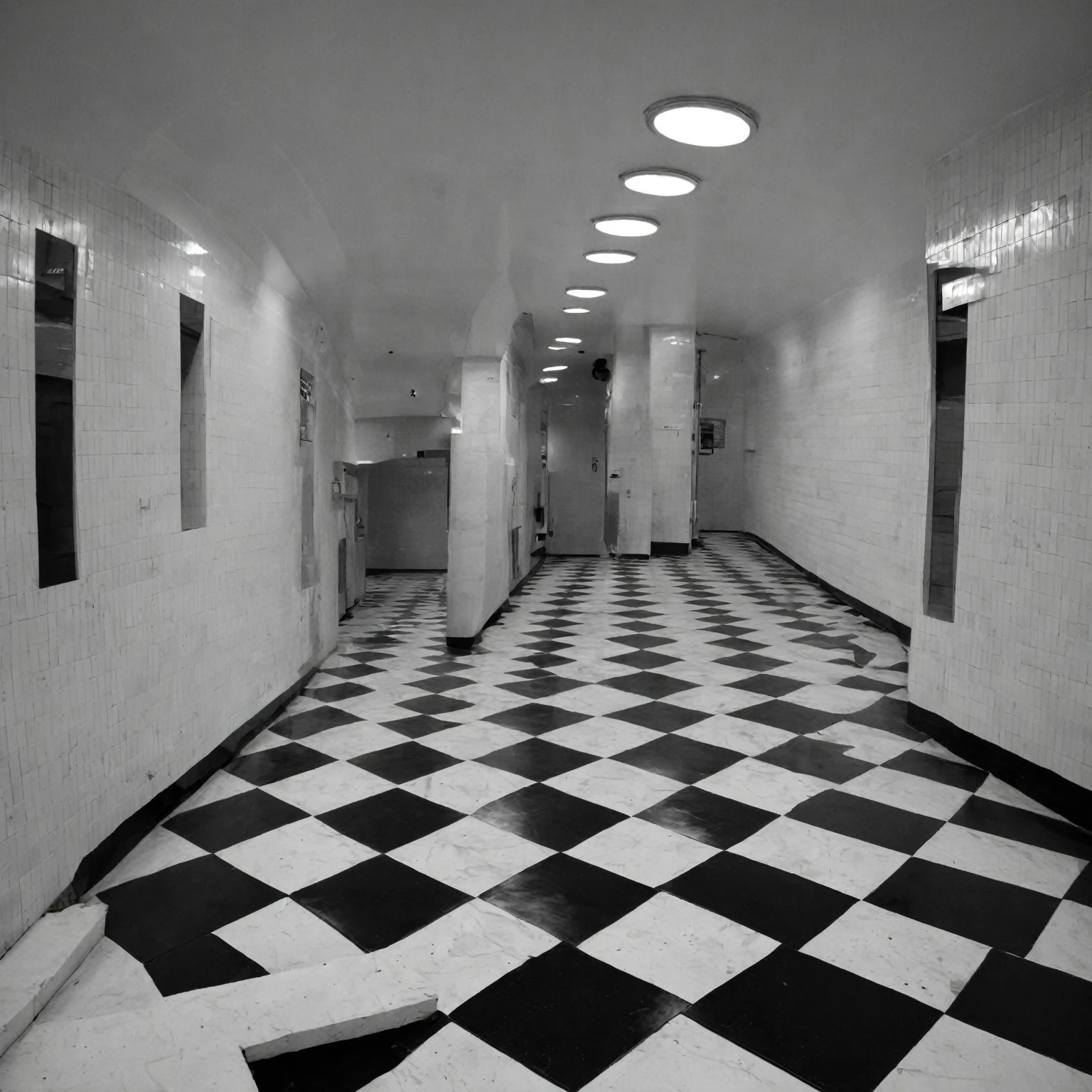 a place with the sky completely black and the ground with black and white checkered floors and some holes in those floors, an infinite place,liminalspaces,photorealistic