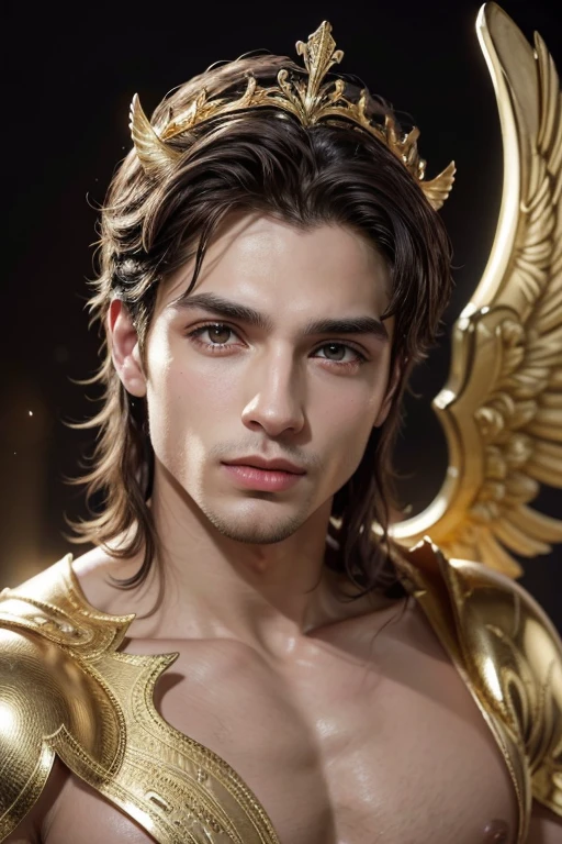 Homem romano realista beleza masculina nariz fino labios carnudos queixo qyadrado diamante. With angel wings on golden heads