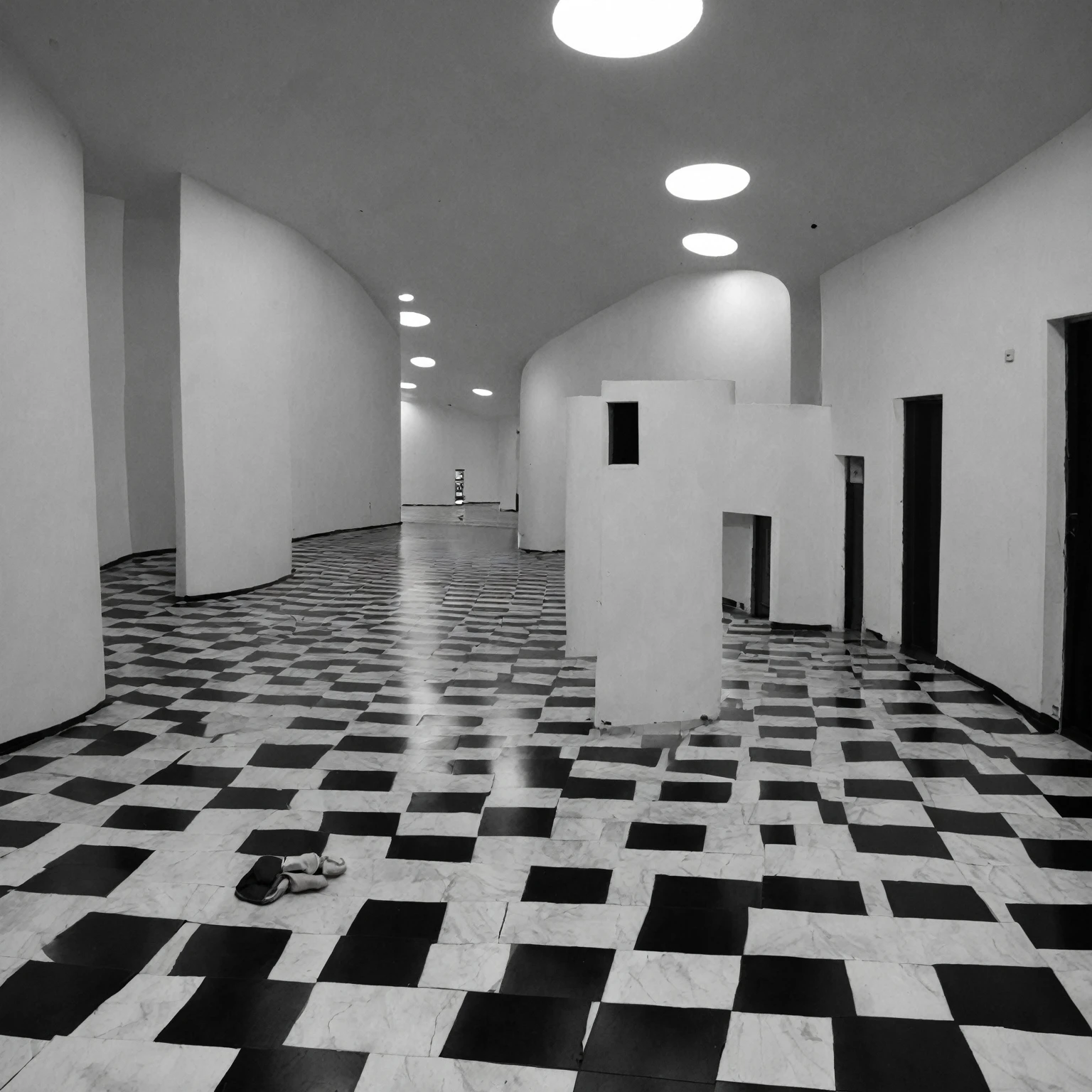 a place with the sky completely black and the ground with black and white checkered floors and some holes in those floors, an infinite place,liminalspaces,photorealistic